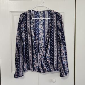 Pink Rose Blue Floral Wrap Front Bell Sleeve Lightweight‎ Top Blouse Size Med